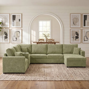 English Elm 5‑Seat Modular U-Shape Sectional with Chenille Upholstery Storage Drawer and Cup Holders Green N719S002350F