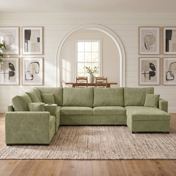English Elm 5‑Seat Modular U-Shape Sectional with Chenille Upholstery Storage Drawer and Cup Holders Green N719S002350F