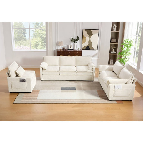 English Elm Modern Plush Faux Fur Sofa Collection with Thick Cushions and Armrest Storage Pockets Beige N719S002390A