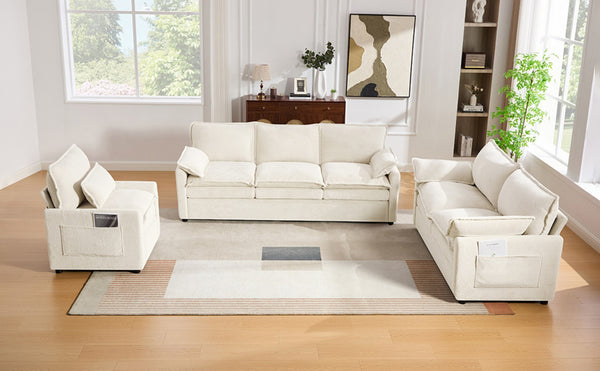 English Elm Modern Plush Faux Fur Sofa Collection with Thick Cushions and Armrest Storage Pockets Beige N719S002390A