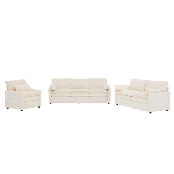 English Elm Modern Plush Faux Fur Sofa Collection with Thick Cushions and Armrest Storage Pockets Beige N719S002390A