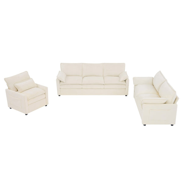 English Elm Modern Plush Faux Fur Sofa Collection with Thick Cushions and Armrest Storage Pockets Beige N719S002390A