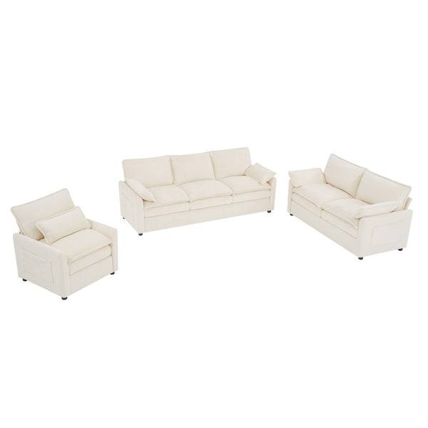 English Elm Modern Plush Faux Fur Sofa Collection with Thick Cushions and Armrest Storage Pockets Beige N719S002390A
