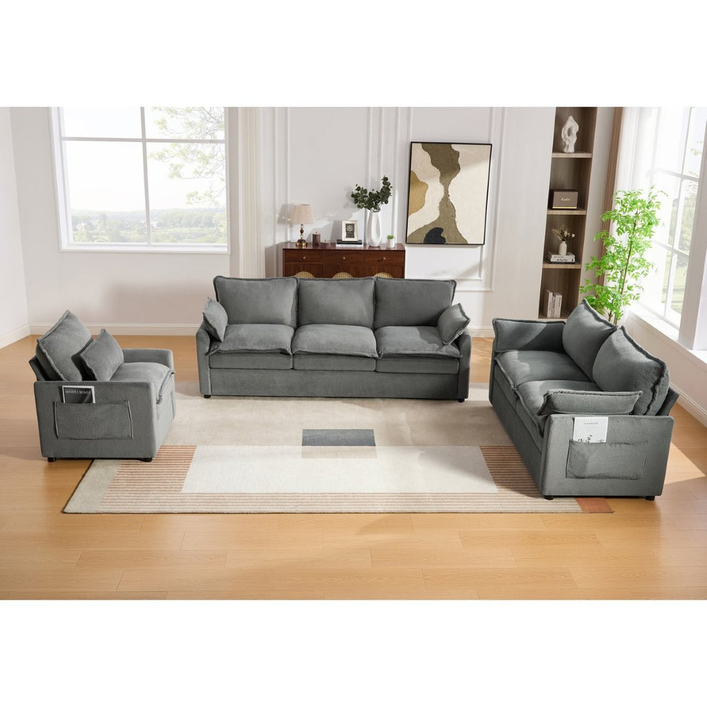 English Elm Modern Plush Faux Fur Sofa Collection with Thick Cushions and Armrest Storage Pockets Grey N719S002390E
