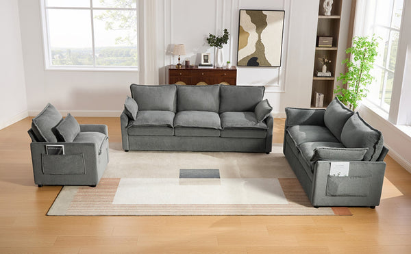 English Elm Modern Plush Faux Fur Sofa Collection with Thick Cushions and Armrest Storage Pockets Grey N719S002390E