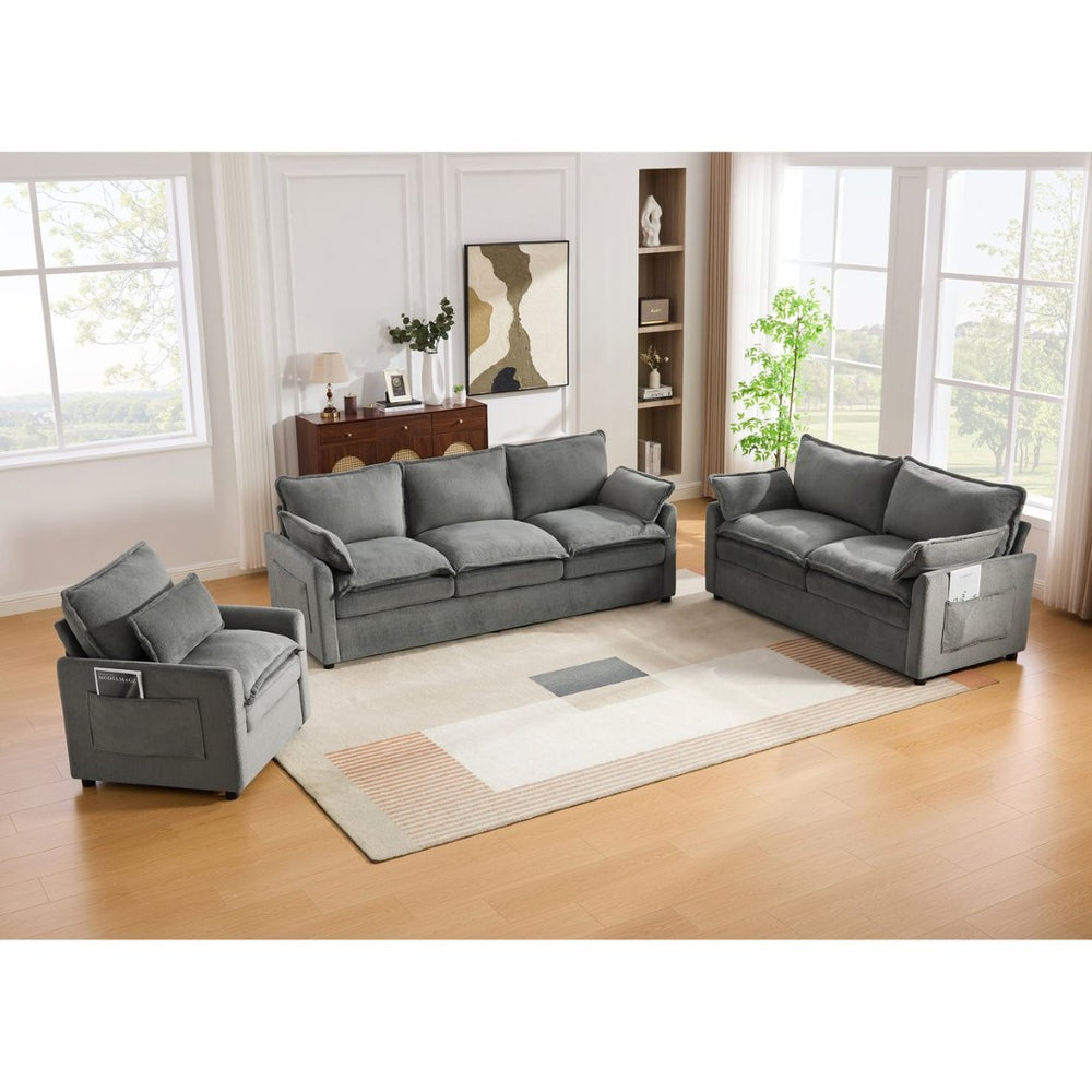 English Elm Modern Plush Faux Fur Sofa Collection with Thick Cushions and Armrest Storage Pockets Grey N719S002390E