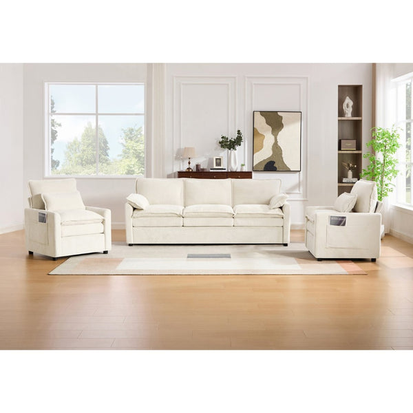 English Elm Modern Faux Fur Plush Sofa Set with Deep Cushioning Armrest Pockets for Living Room Beige N719S002391A