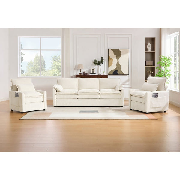 English Elm Modern Faux Fur Plush Sofa Set with Deep Cushioning Armrest Pockets for Living Room Beige N719S002391A