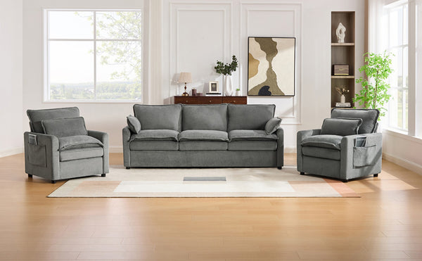 English Elm Modern Faux Fur Plush Sofa Set with Deep Cushioning Armrest Pockets for Living Room Grey N719S002391E