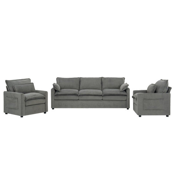 English Elm Modern Faux Fur Plush Sofa Set with Deep Cushioning Armrest Pockets for Living Room Grey N719S002391E