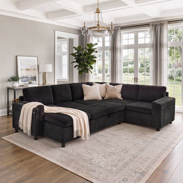 English Elm Convertible Sectional Sleeper Sofa U-shape Corduroy Storage Usb Ports Living Room Black N719S002400B
