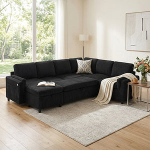English Elm Convertible Sectional Sleeper Sofa U-shape Corduroy Storage Usb Ports Living Room Black N719S002400B