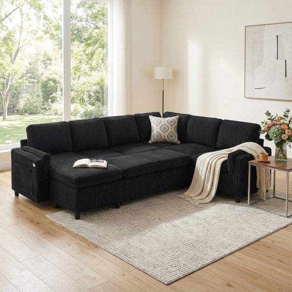 English Elm Convertible Sectional Sleeper Sofa U-shape Corduroy Storage Usb Ports Living Room Black N719S002400B