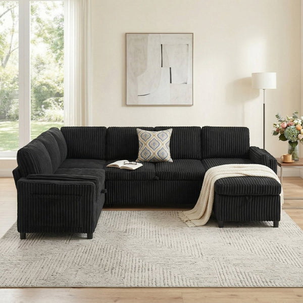 English Elm Convertible Sectional Sleeper Sofa U-shape Corduroy Storage Usb Ports Living Room Black N719S002400B