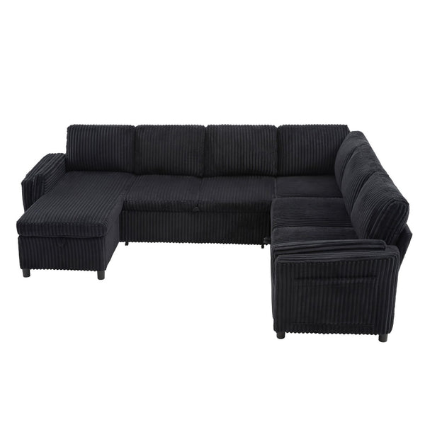 English Elm Convertible Sectional Sleeper Sofa U-shape Corduroy Storage Usb Ports Living Room Black N719S002400B