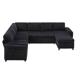 English Elm Convertible Sectional Sleeper Sofa U-shape Corduroy Storage Usb Ports Living Room Black N719S002400B