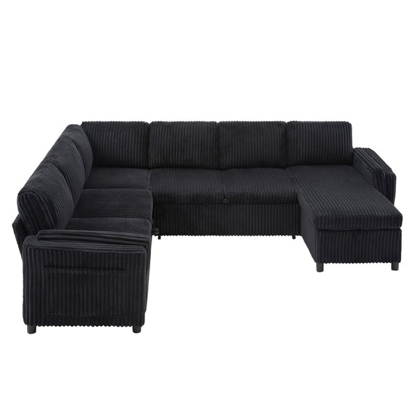 English Elm Convertible Sectional Sleeper Sofa U-shape Corduroy Storage Usb Ports Living Room Black N719S002400B