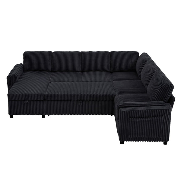 English Elm Convertible Sectional Sleeper Sofa U-shape Corduroy Storage Usb Ports Living Room Black N719S002400B