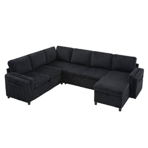 English Elm Convertible Sectional Sleeper Sofa U-shape Corduroy Storage Usb Ports Living Room Black N719S002400B