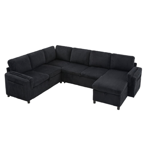 English Elm Convertible Sectional Sleeper Sofa U-shape Corduroy Storage Usb Ports Living Room Black N719S002400B