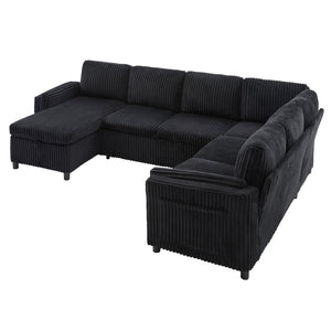 English Elm Convertible Sectional Sleeper Sofa U-shape Corduroy Storage Usb Ports Living Room Black N719S002400B