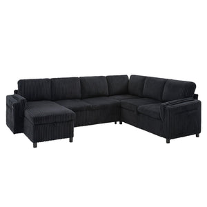 English Elm Convertible Sectional Sleeper Sofa U-shape Corduroy Storage Usb Ports Living Room Black N719S002400B