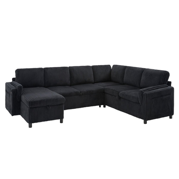 English Elm Convertible Sectional Sleeper Sofa U-shape Corduroy Storage Usb Ports Living Room Black N719S002400B