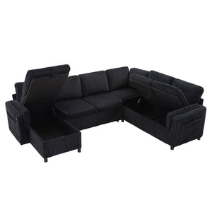 English Elm Convertible Sectional Sleeper Sofa U-shape Corduroy Storage Usb Ports Living Room Black N719S002400B