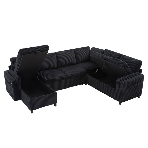 English Elm Convertible Sectional Sleeper Sofa U-shape Corduroy Storage Usb Ports Living Room Black N719S002400B
