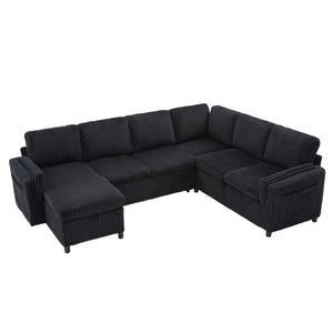 English Elm Convertible Sectional Sleeper Sofa U-shape Corduroy Storage Usb Ports Living Room Black N719S002400B