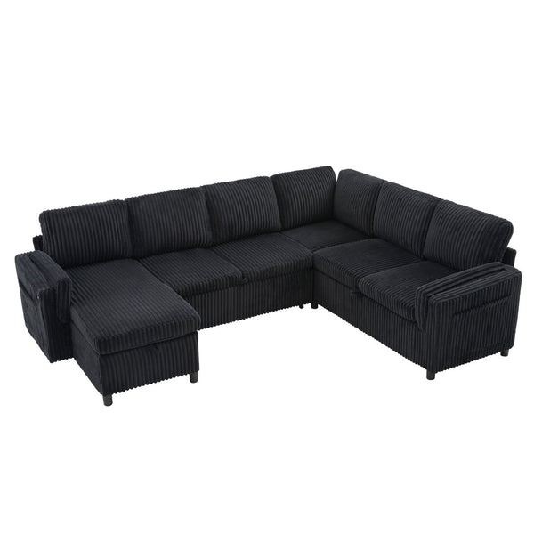 English Elm Convertible Sectional Sleeper Sofa U-shape Corduroy Storage Usb Ports Living Room Black N719S002400B