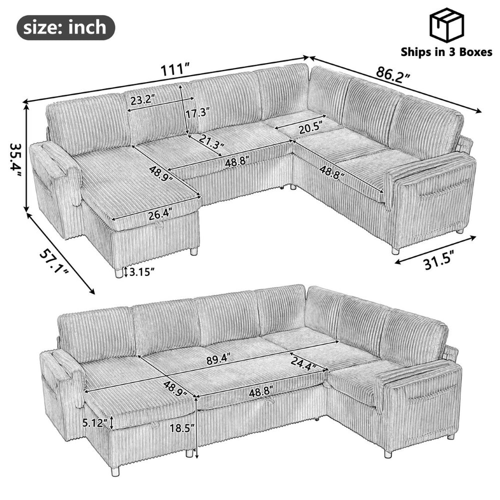 English Elm Convertible Sectional Sleeper Sofa U-shape Corduroy Storage Usb Ports Living Room Black N719S002400B