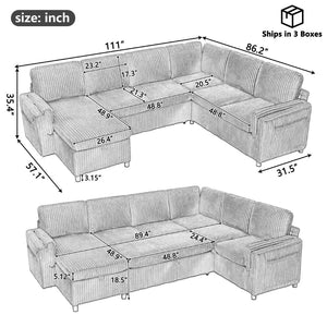 English Elm Convertible Sectional Sleeper Sofa U-shape Corduroy Storage Usb Ports Living Room Black N719S002400B