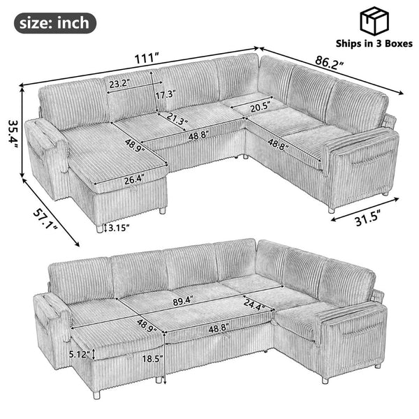 English Elm Convertible Sectional Sleeper Sofa U-shape Corduroy Storage Usb Ports Living Room Black N719S002400B