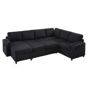 English Elm Convertible Sectional Sleeper Sofa U-shape Corduroy Storage Usb Ports Living Room Black N719S002400B