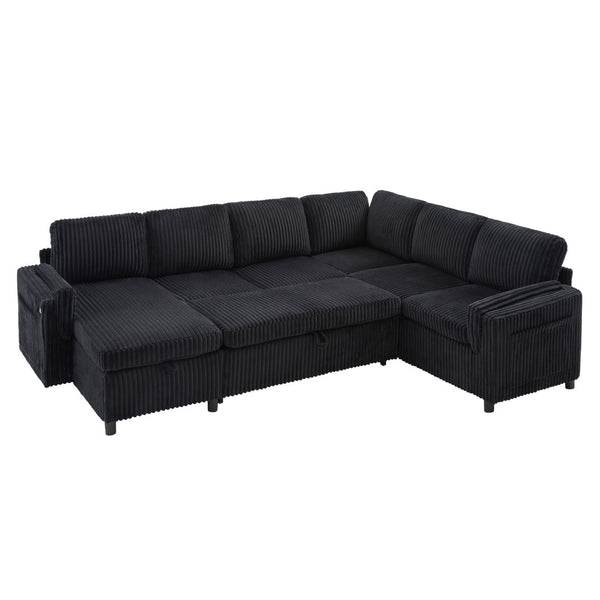 English Elm Convertible Sectional Sleeper Sofa U-shape Corduroy Storage Usb Ports Living Room Black N719S002400B