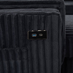 English Elm Convertible Sectional Sleeper Sofa U-shape Corduroy Storage Usb Ports Living Room Black N719S002400B