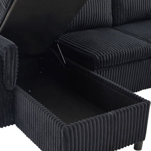 English Elm Convertible Sectional Sleeper Sofa U-shape Corduroy Storage Usb Ports Living Room Black N719S002400B