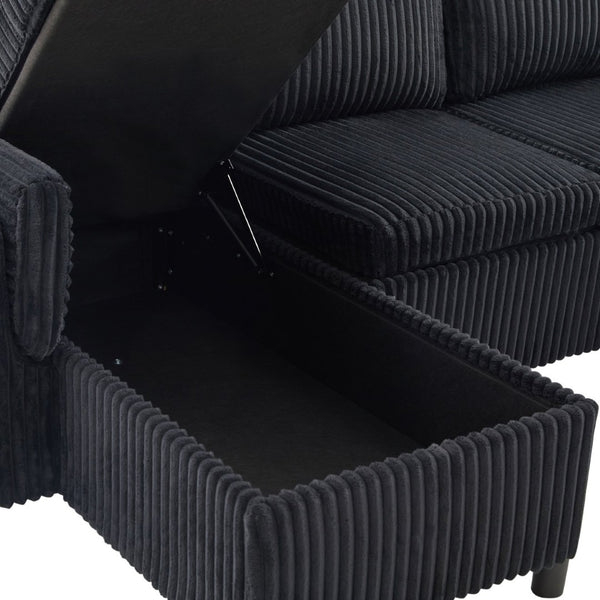 English Elm Convertible Sectional Sleeper Sofa U-shape Corduroy Storage Usb Ports Living Room Black N719S002400B