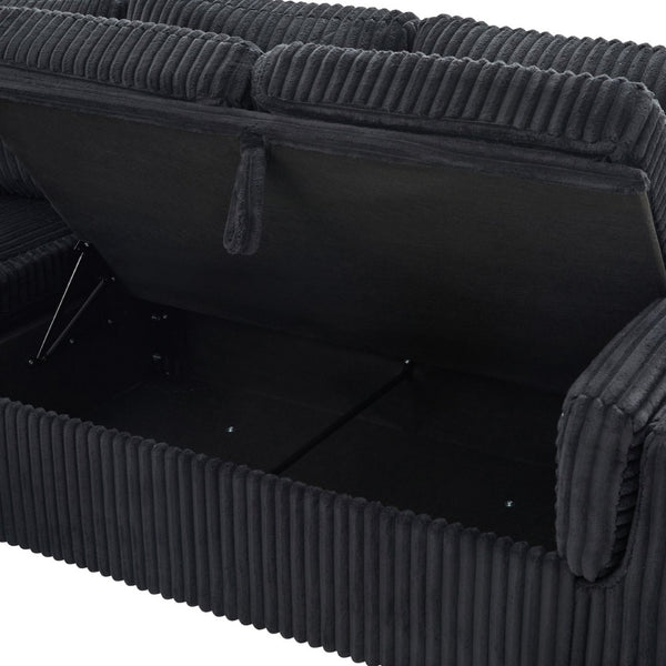 English Elm Convertible Sectional Sleeper Sofa U-shape Corduroy Storage Usb Ports Living Room Black N719S002400B