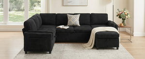 English Elm Convertible Sectional Sleeper Sofa U-shape Corduroy Storage Usb Ports Living Room Black N719S002400B