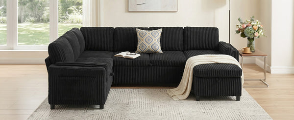 English Elm Convertible Sectional Sleeper Sofa U-shape Corduroy Storage Usb Ports Living Room Black N719S002400B