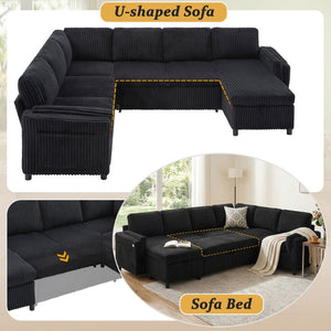 English Elm Convertible Sectional Sleeper Sofa U-shape Corduroy Storage Usb Ports Living Room Black N719S002400B