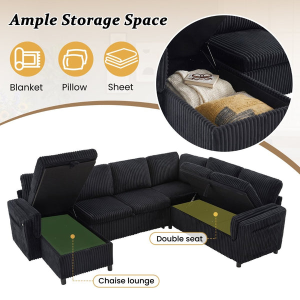 English Elm Convertible Sectional Sleeper Sofa U-shape Corduroy Storage Usb Ports Living Room Black N719S002400B