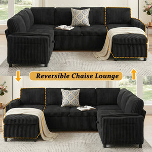 English Elm Convertible Sectional Sleeper Sofa U-shape Corduroy Storage Usb Ports Living Room Black N719S002400B