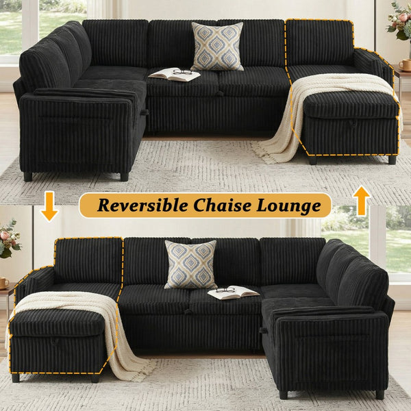 English Elm Convertible Sectional Sleeper Sofa U-shape Corduroy Storage Usb Ports Living Room Black N719S002400B