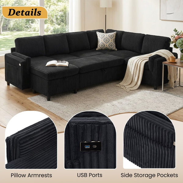 English Elm Convertible Sectional Sleeper Sofa U-shape Corduroy Storage Usb Ports Living Room Black N719S002400B