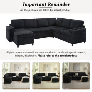 English Elm Convertible Sectional Sleeper Sofa U-shape Corduroy Storage Usb Ports Living Room Black N719S002400B