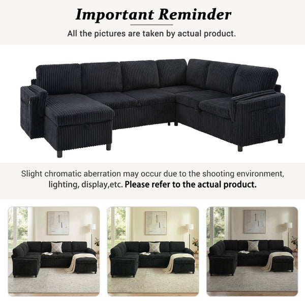 English Elm Convertible Sectional Sleeper Sofa U-shape Corduroy Storage Usb Ports Living Room Black N719S002400B
