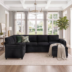 English Elm Convertible Sectional Sleeper Sofa U-shape Corduroy Storage Usb Ports Living Room Black N719S002400B